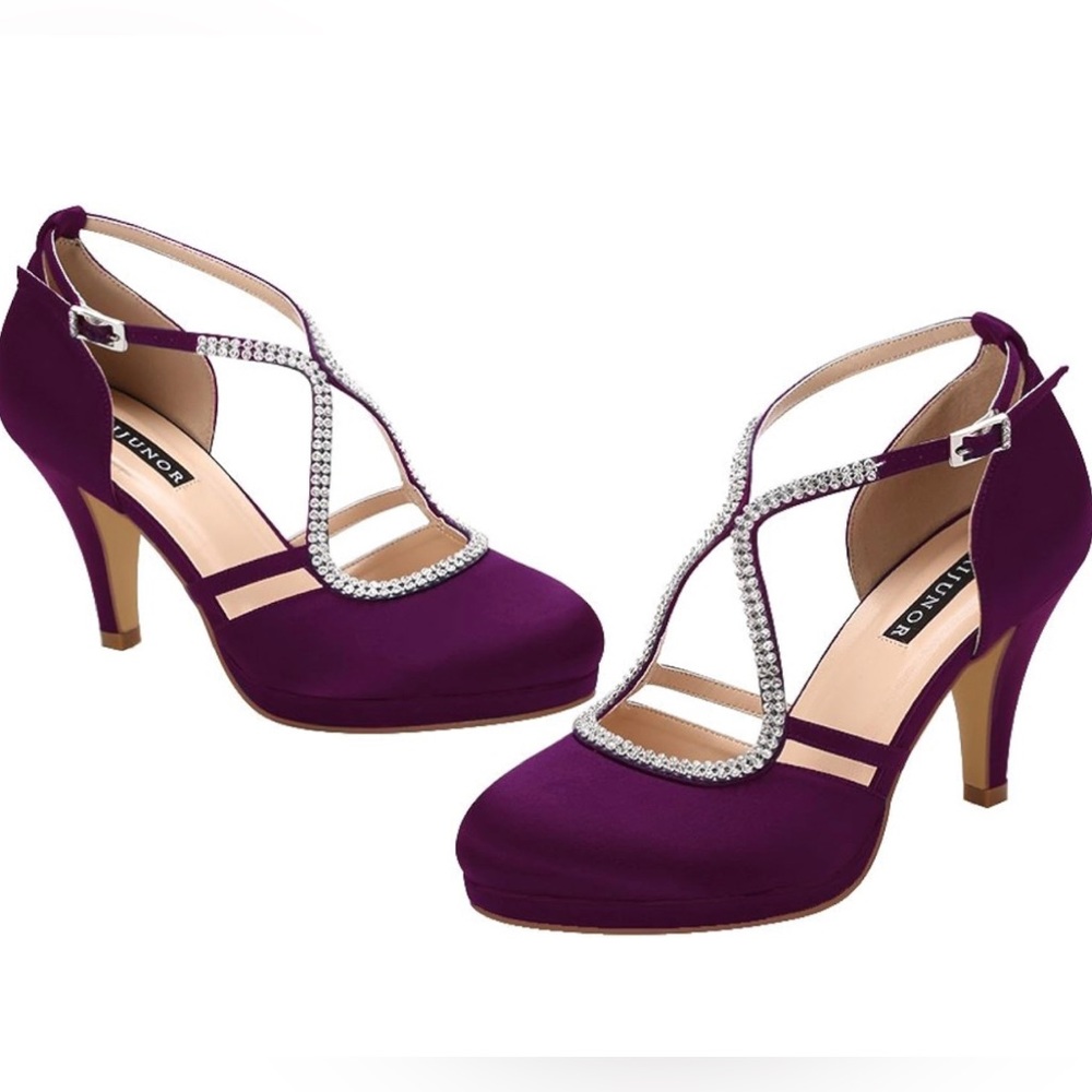 ERIJUNOR Women Comfort Heel, Ankle Strap Platform Satin Shoes, Plum, Size 8